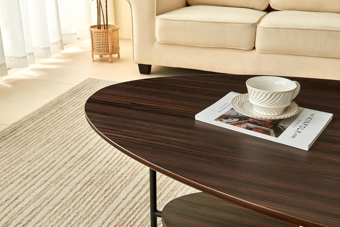 2-Tier Coffee Table Ash Wood Mid Century Moern Table with Sturdy Legs Tea Table for Living Room Bedroom
