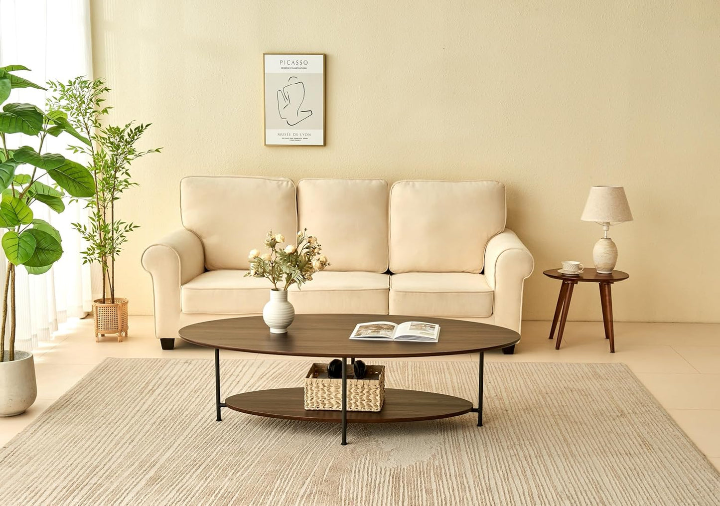 2-Tier Coffee Table Ash Wood Mid Century Moern Table with Sturdy Legs Tea Table for Living Room Bedroom