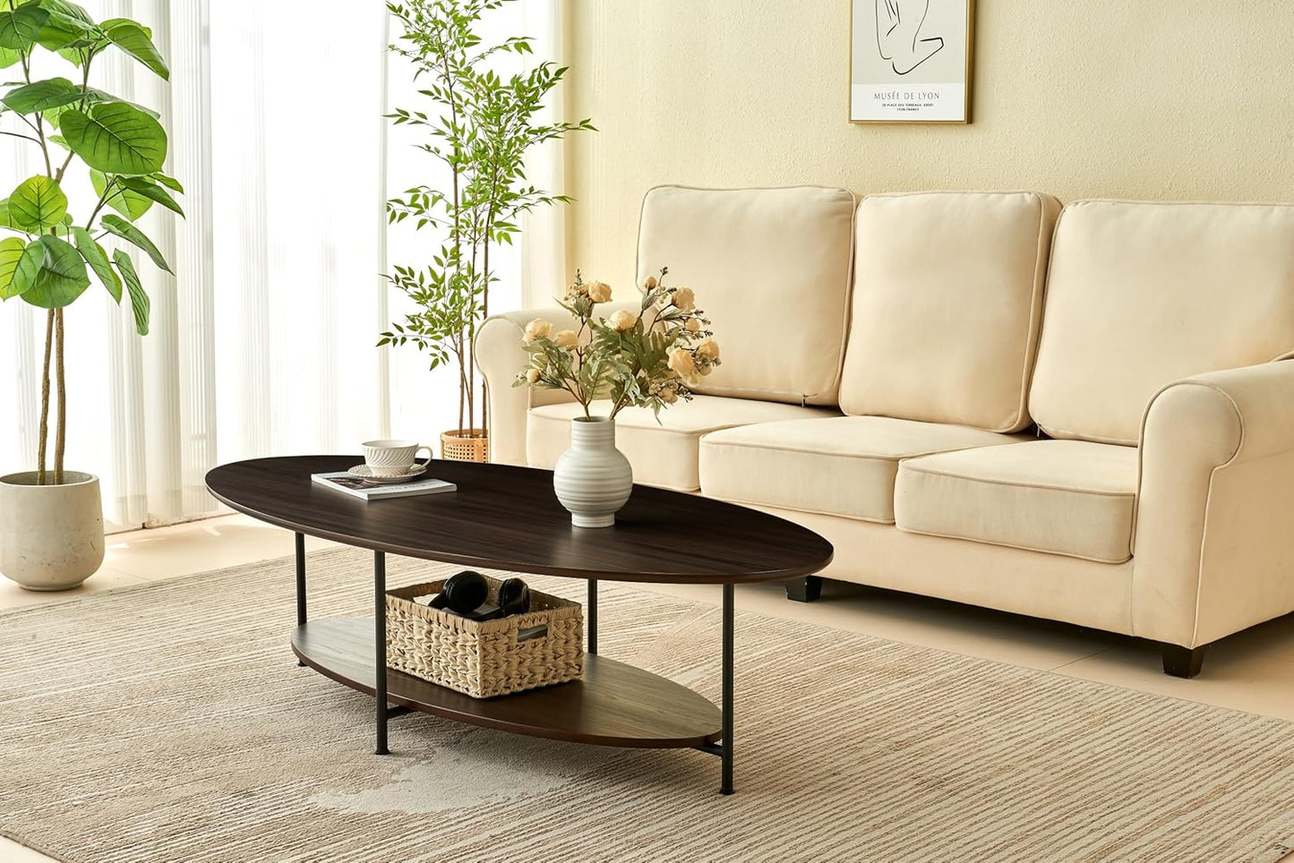 2-Tier Coffee Table Ash Wood Mid Century Moern Table with Sturdy Legs Tea Table for Living Room Bedroom